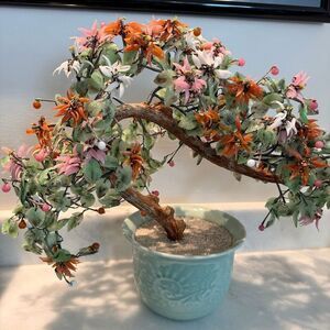 Antique Multicolored Jade Quartz Stone Chinese Glass Bonsai Tree in Celadon Pot